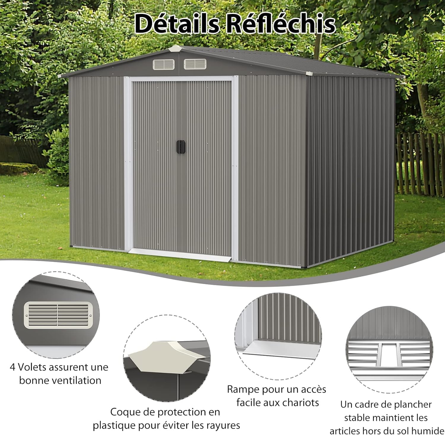GOPLUS 4,74㎡ Abri de Jardin en Métal Galvanisé avec Base, Cabine de Jardin Extérieur Porte Coulissante, Résistant aux Intempéries, Cabane de Rangement à Outils 8,59m³, 260 x 207x181cm, Toit Gris Foncé