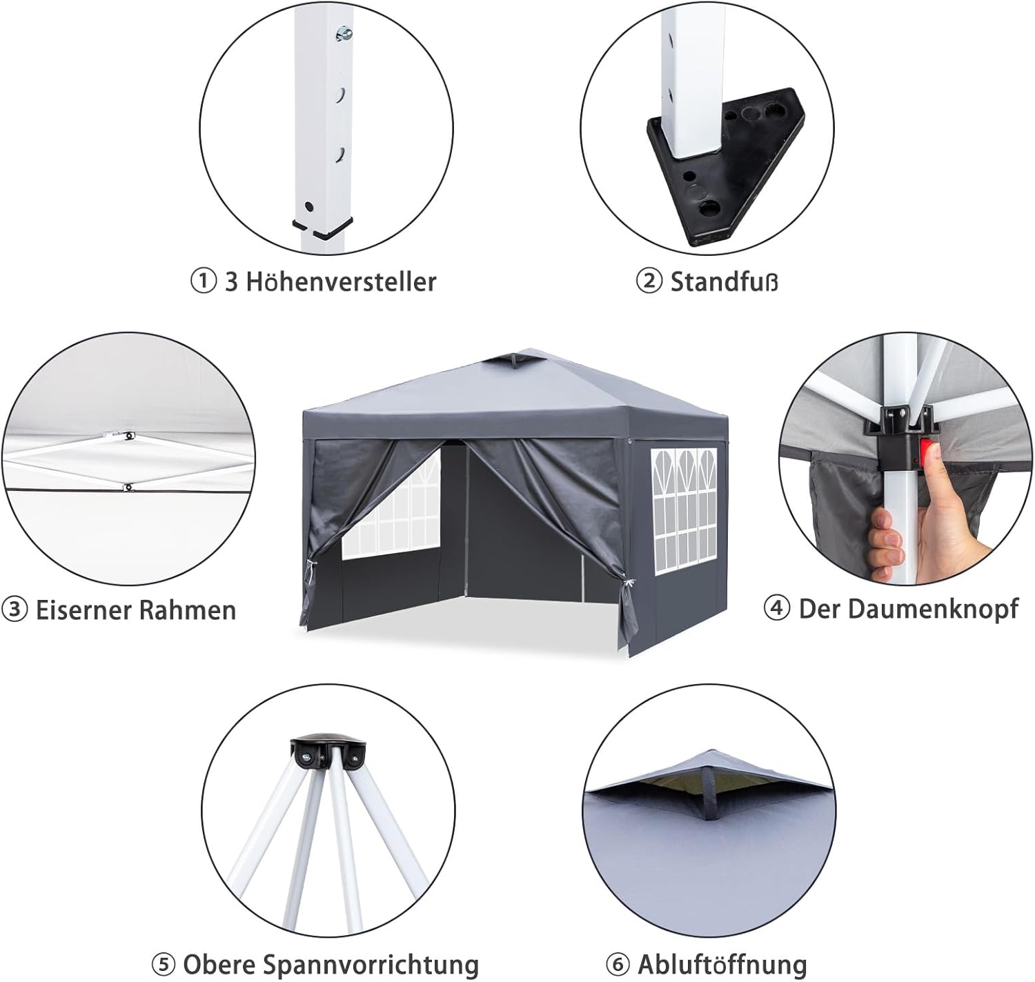 LEADZM - Tonnelle pliante jardin - 3x3m - 4 parois, UV50+, sacs sable, réglable
