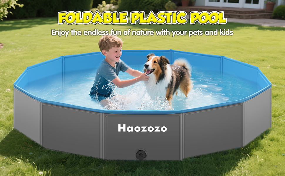 Grande « piscine en plastique pliable » octogonale de Haozozo. Piscine bleue remplie d'eau sur l'herbe, avec un enfant qui éclabousse avec un chien. Texte : « Profitez des joies infinies de la nature avec vos animaux de compagnie et vos enfants