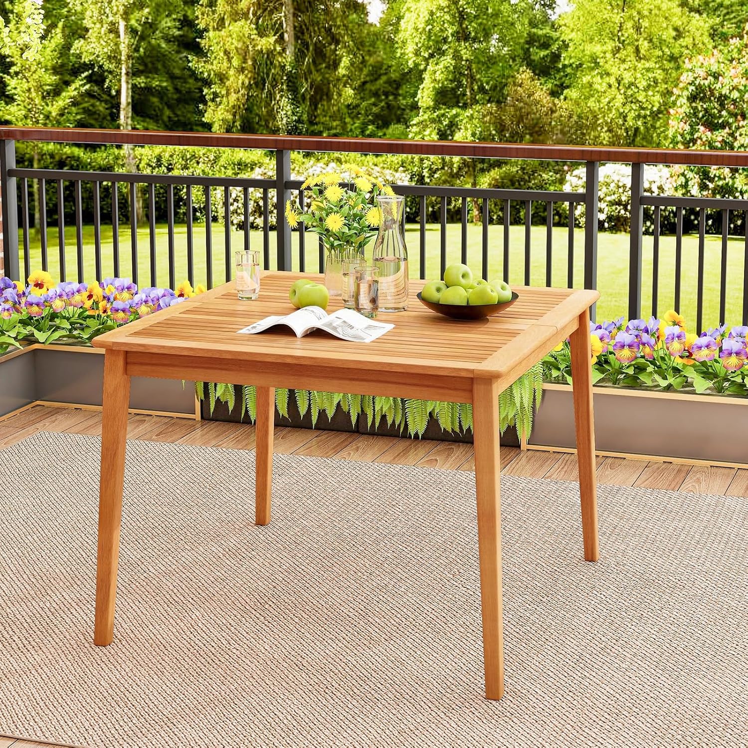 COSTWAY – Table de jardin carrée 100x100 cm – bois d’acacia, trou parasol