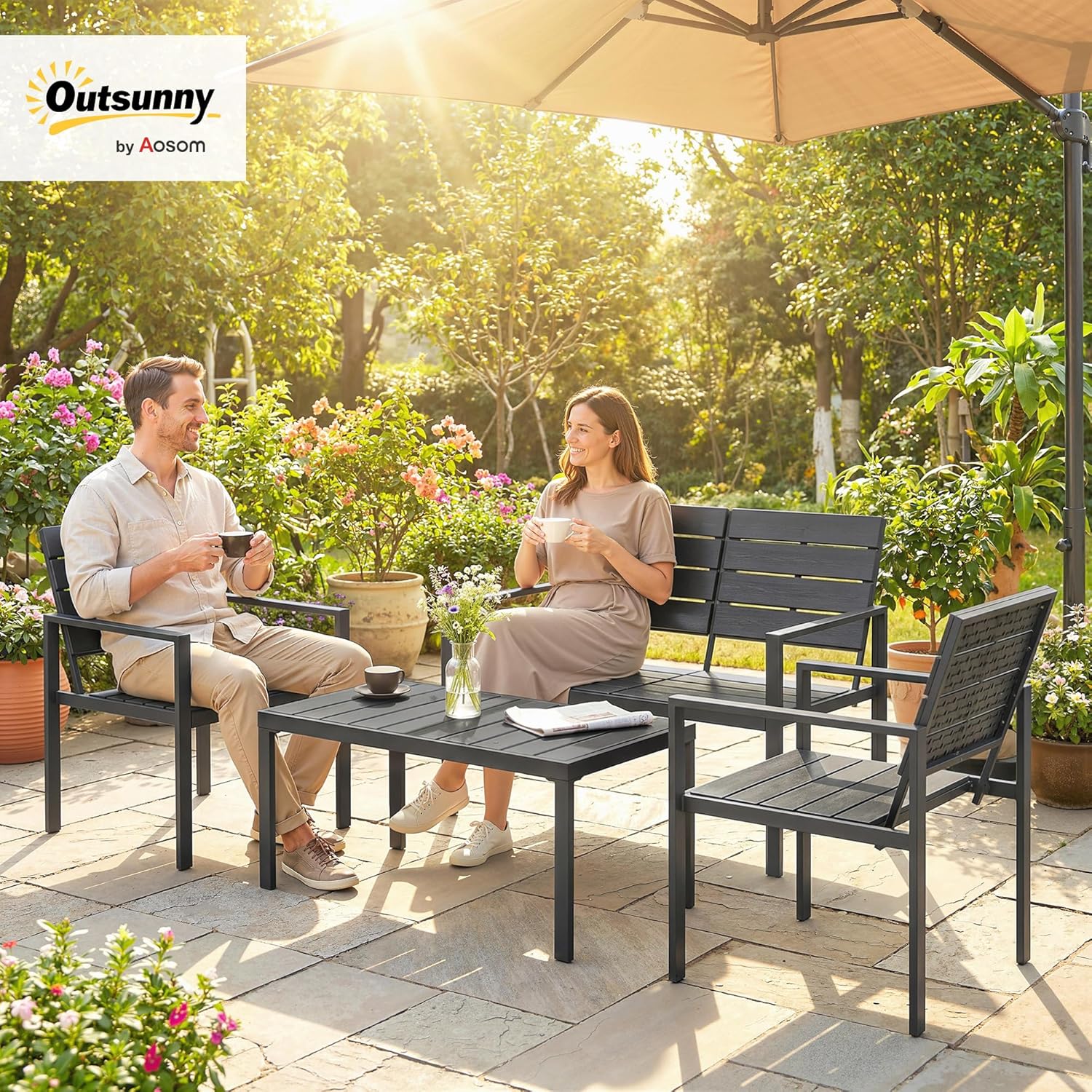 Outsunny - salon de jardin 4 pièces - canapé 2 places, table basse, fauteuils, noir