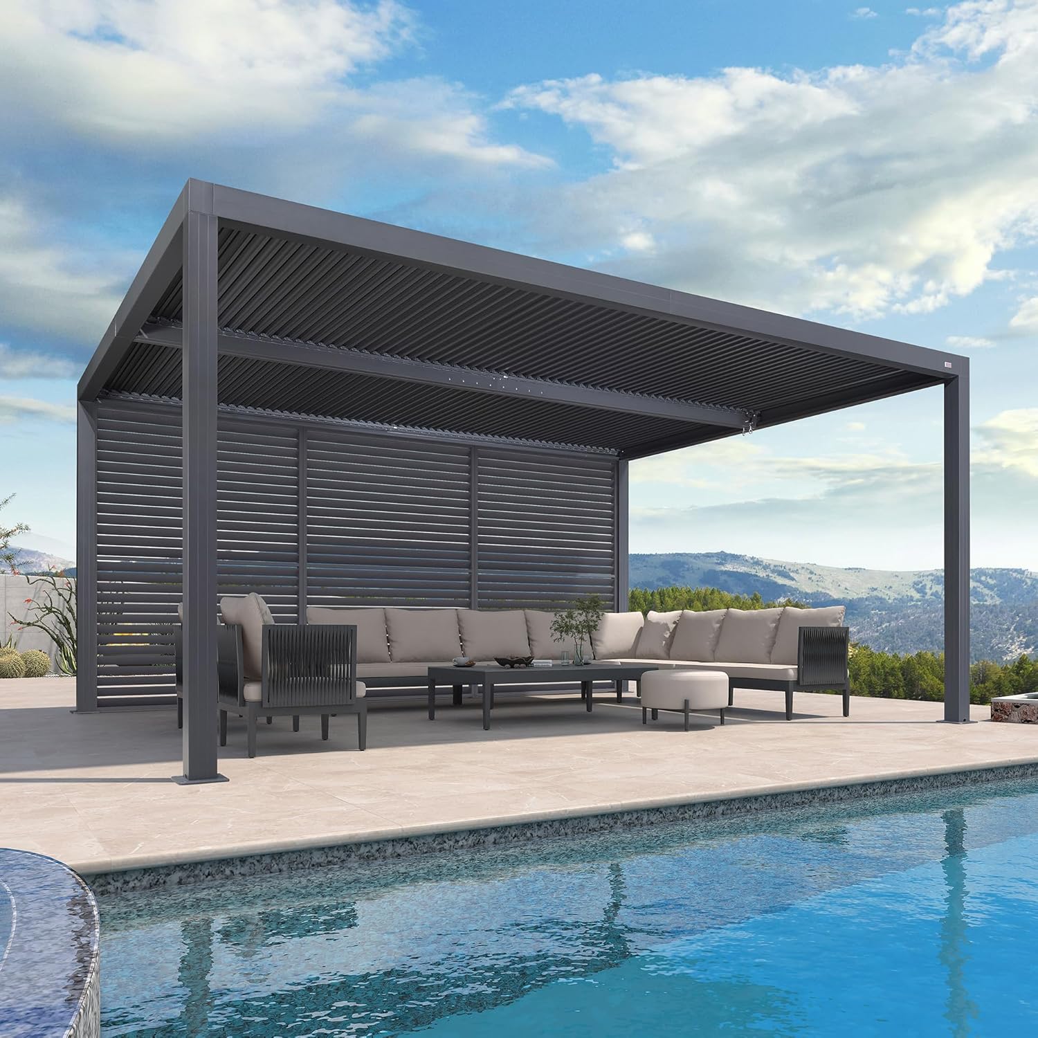 PURPLE LEAF - Pergola bioclimatique série aluminium - 4,8x3,68m - lames orientables, persiennes fixes, gris