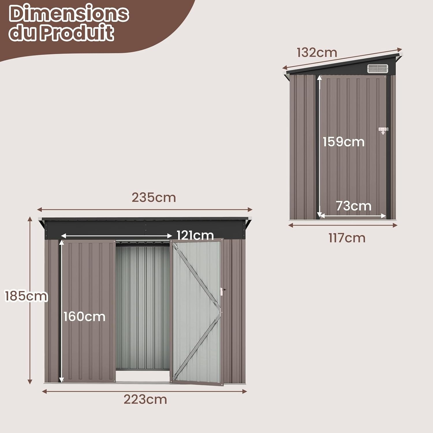 COSTWAY - Abri jardin métal 2,6㎡ - porte clé, aération, toit pente
