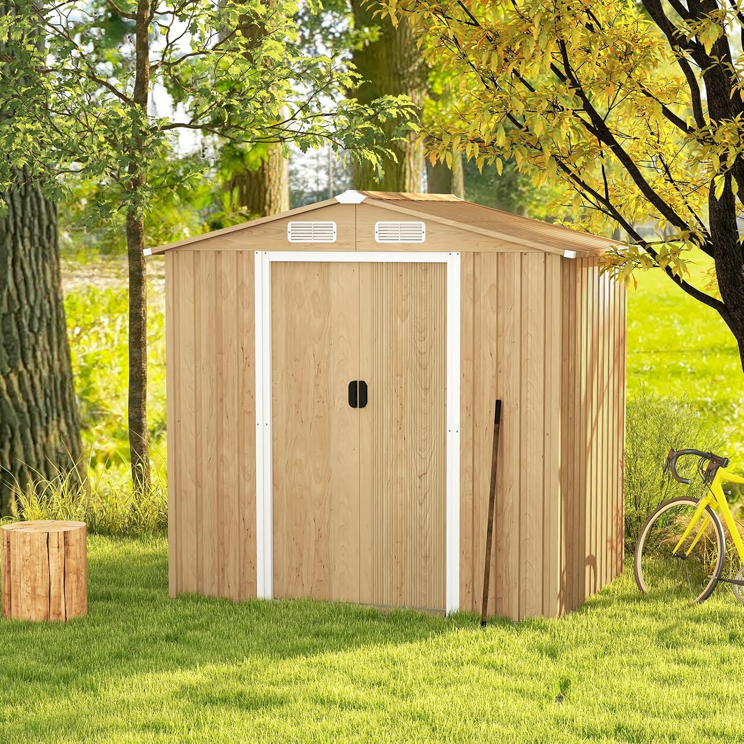 GOPLUS - abri de jardin acier, 196,5x142,5x184,5cm, porte verrouillable, toit incliné, aération