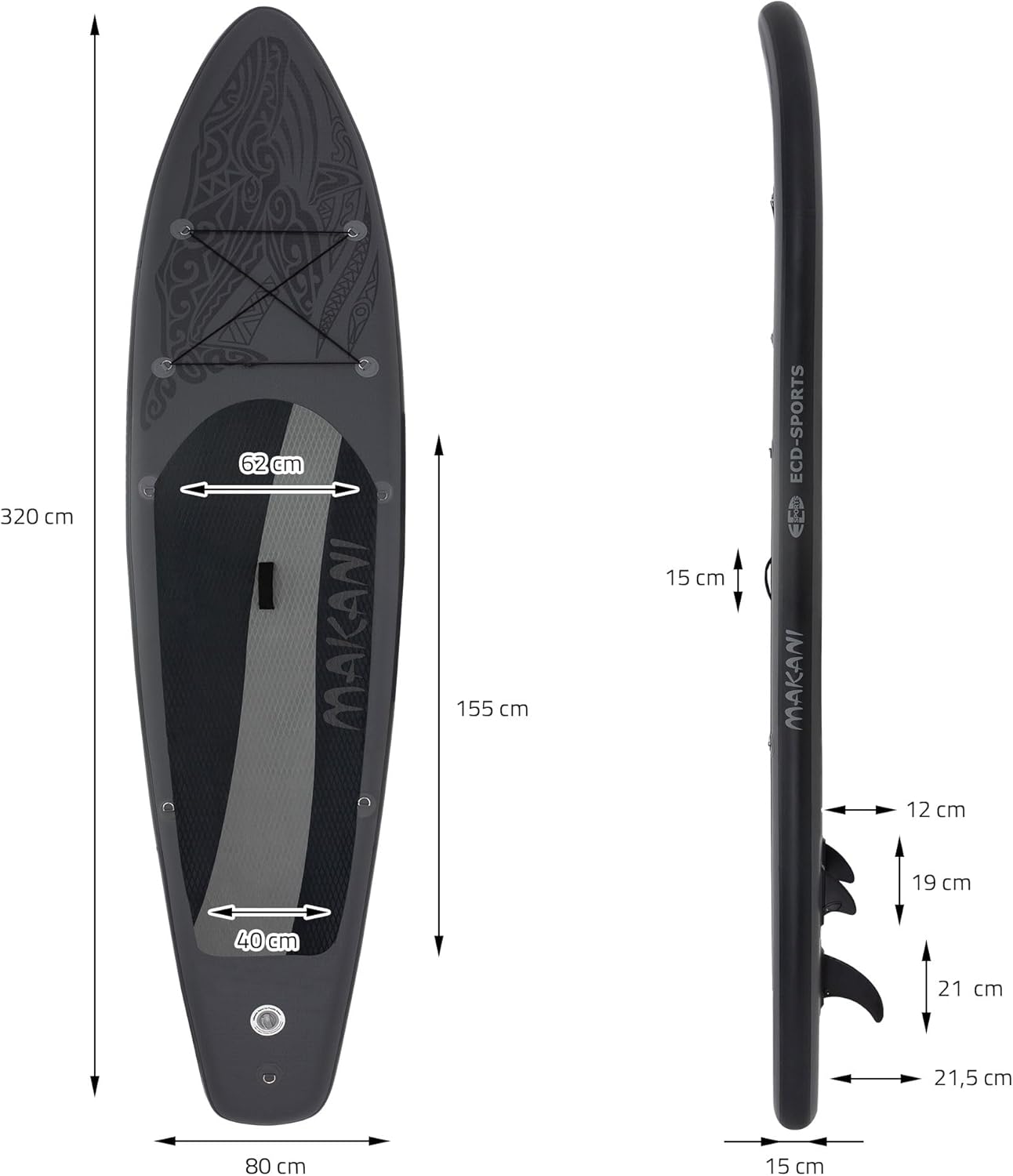 ECD Germany - Stand Up Paddle Gonflable - 305/308/320/380 cm - PVC, 120/150 kg, épaisseur 10/15 cm