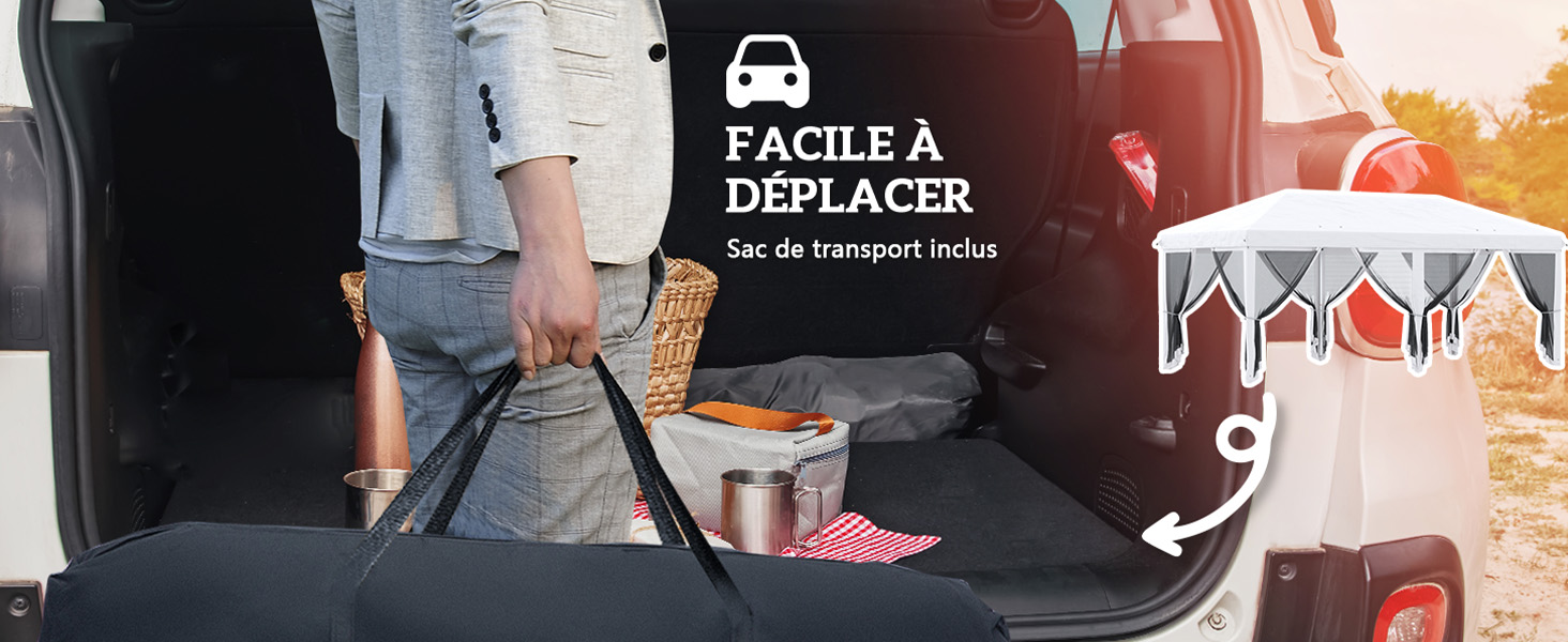 avec plusieurs compartiments, illustré contenant divers articles, y compris un sac isotherme. Le texte indique qu'il est facile à déplacer.