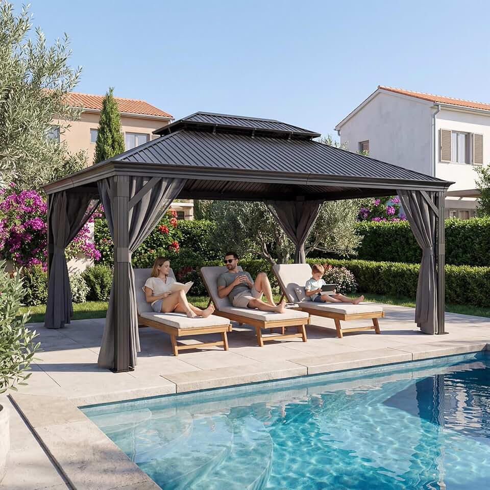 JUMMICO - Hardtop Pavillon - 3,65x4,85m - Étanche, double toit, stores, moustiquaires