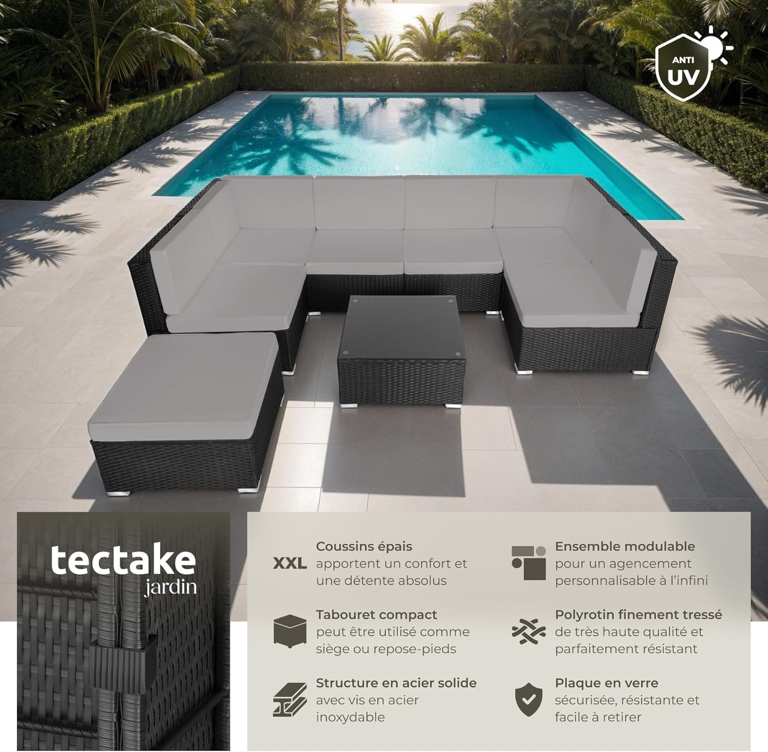 tectake - Salon de Jardin modulable 6 places, confort rotin, table + pouf, noir/gris