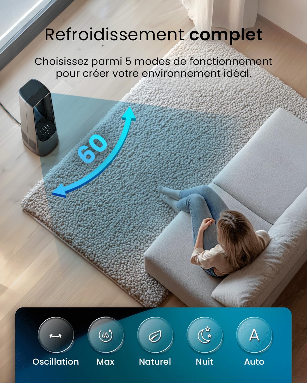 Pro Breeze - Ventilateur colonne sans pales - 101 cm - WiFi, ultra silencieux, LED, télécommande, 6 vitesses, 5 modes, o