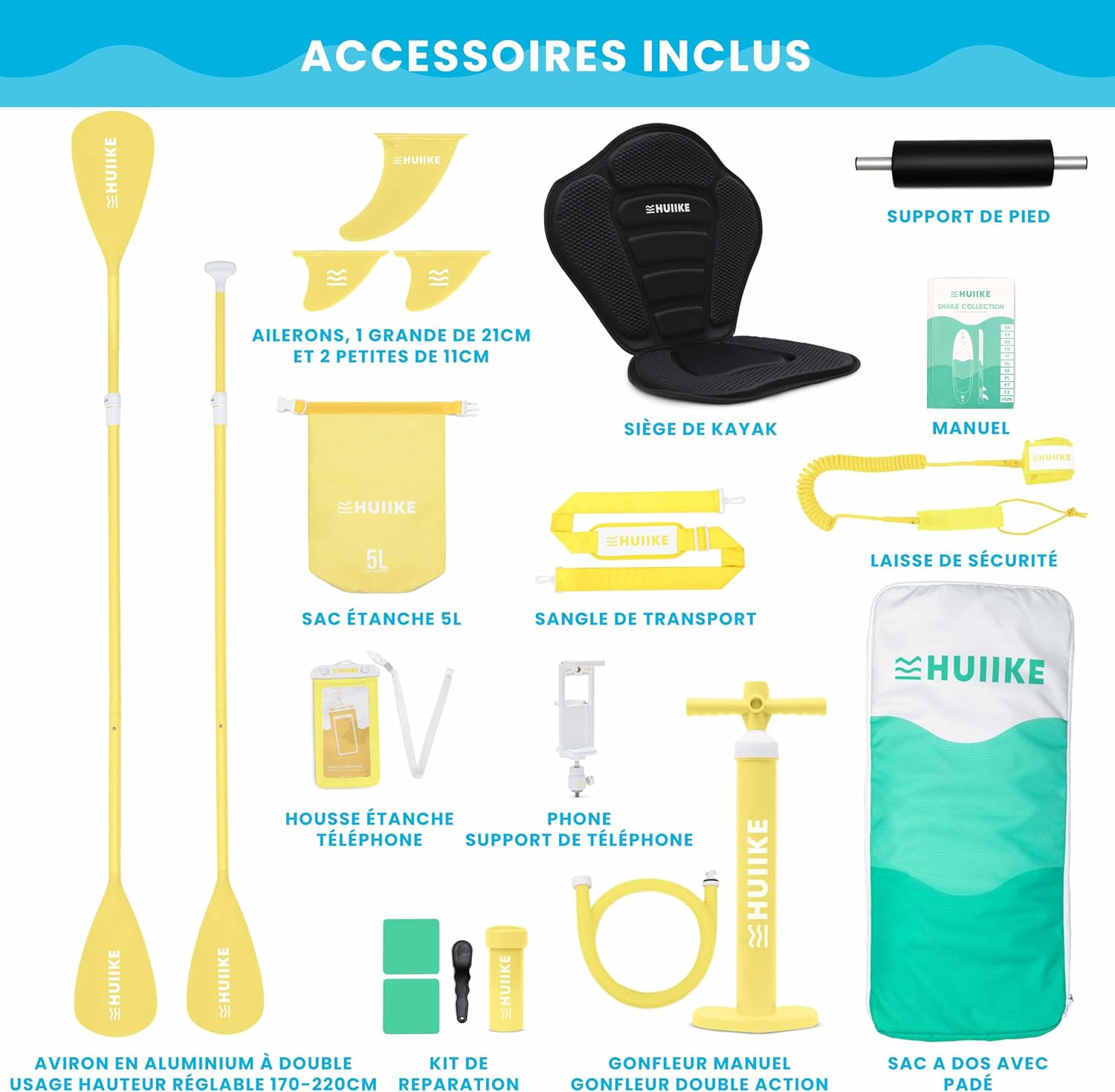 HUIIKE Paddle Gonflable Adulte avec Accessoires Inclus, Pagaie, Ailerons, Pompe. Planche de Stand Up Paddle Grande Stabilité et Résistance. 305 x 84 x 15 cm, Jusqu'à 130 kg