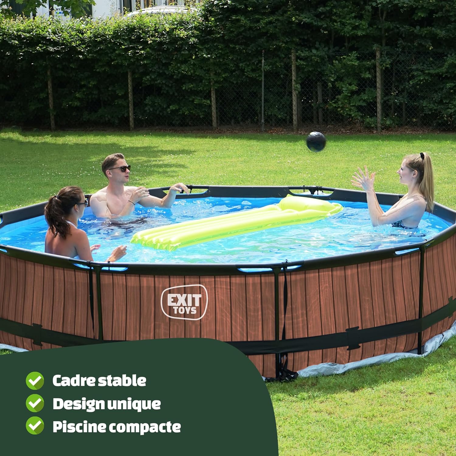 EXIT TOYS Piscine Tubulaire Wood - ø360x76cm - Piscine Hors Sol Ronde Grande avec Pompe Filtrante à Cartouche - Entrée Basse - Idéal pour Les Jeunes Enfants - Cadre Stable - Design Unique - Marron