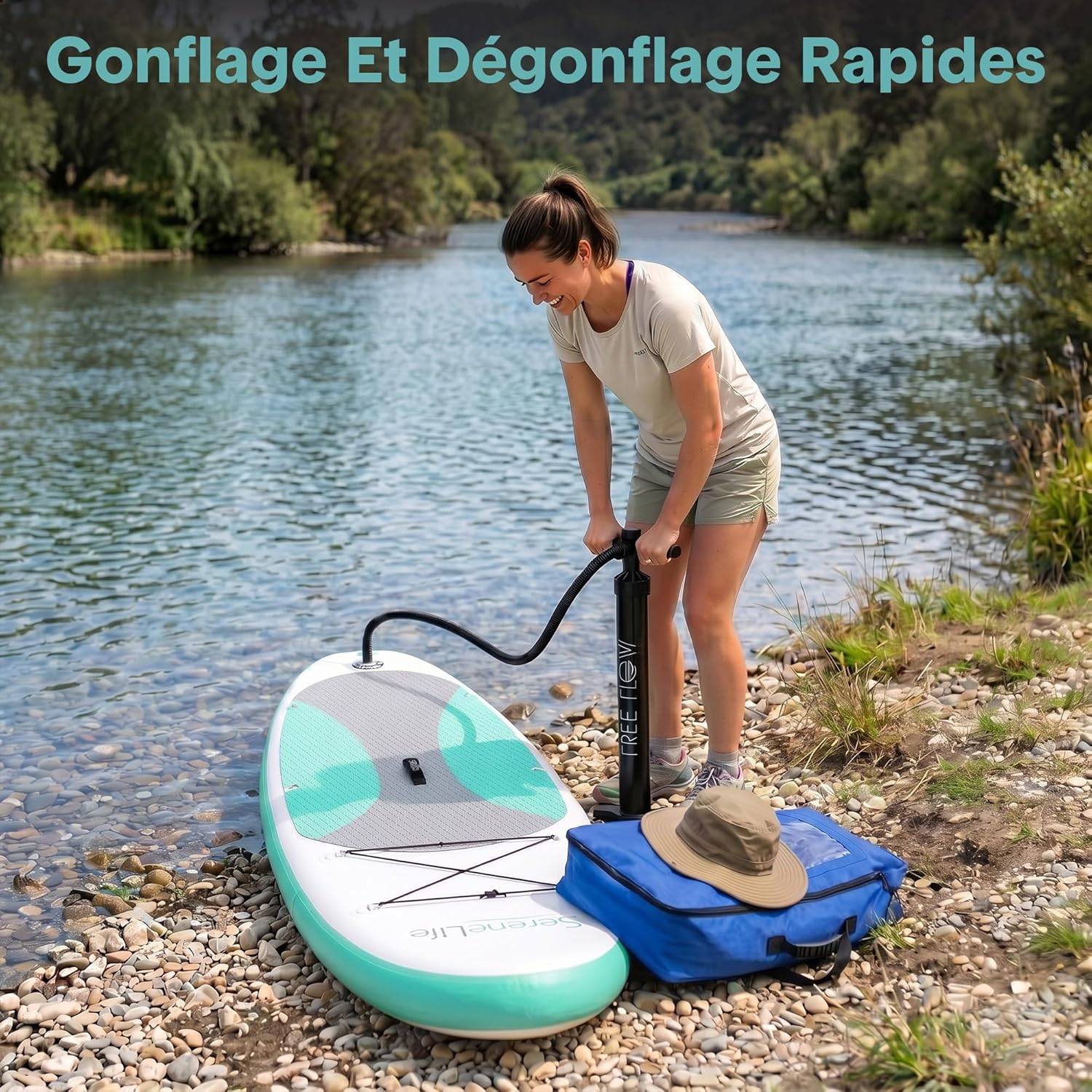 SereneLife Stand Up Paddle Gonflable Adulte 6” – Planche de Paddle avec Accessoires Sup, Sac de Transport, Pont Antidérapant, pour Mer, Lac, Rivière