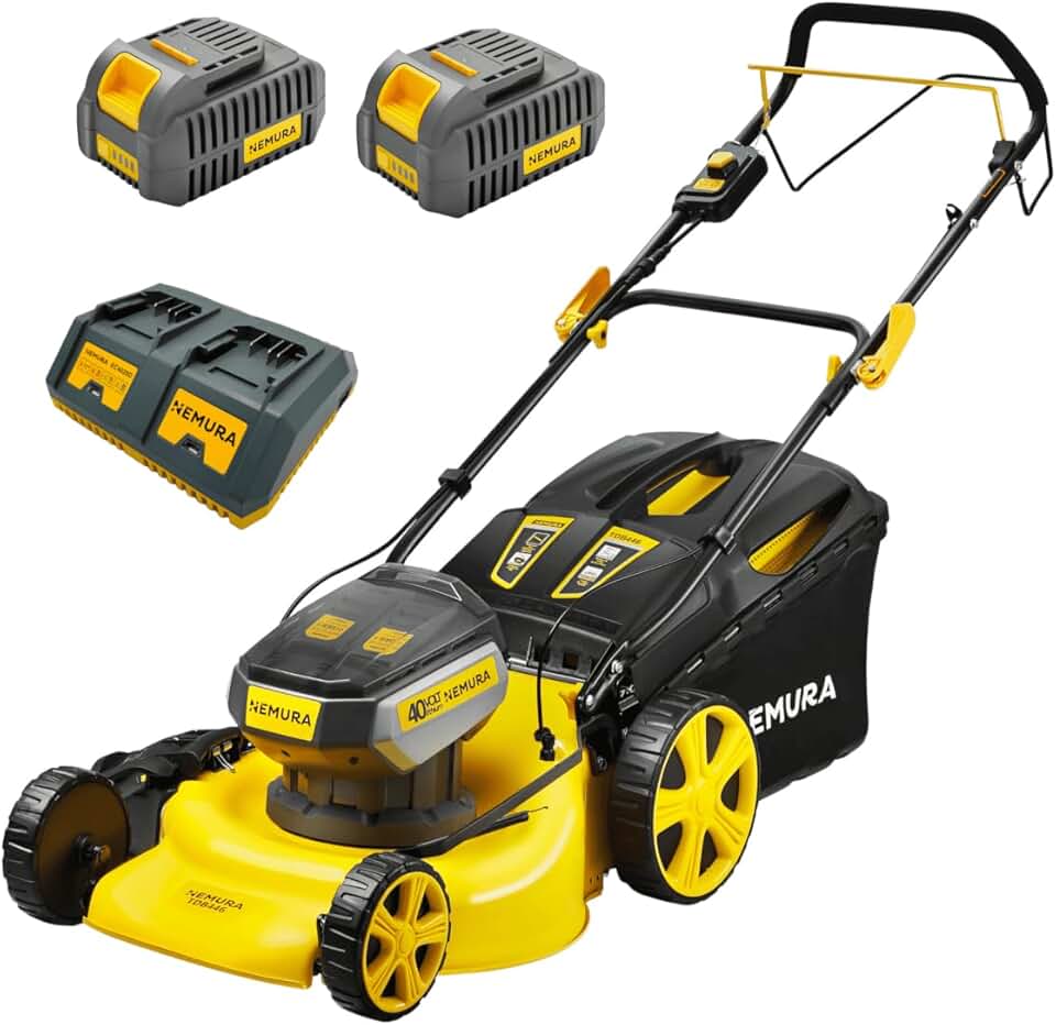 Nemura Tondeuse Autotractée à Batterie 80 V (2x40V) - Coupe 46 cm - Jusqu'à 500 m2 - Fonction Mulching - Livrée avec 2 Batteries 4Ah et 2 chargeurs - Marque Française