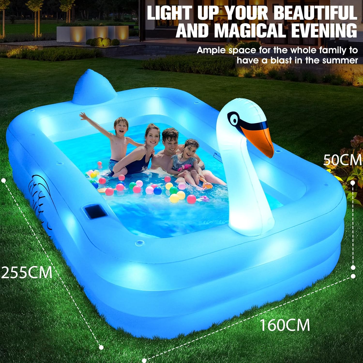 ChlorBlu Piscine Gonflable avec Lumières, Swan Piscine Gonflable Adulte, 255x160x50cm Grande Piscines Gonflables Rectangulaire, Swimming Pool Surdimensionnée pour Enfants et Famille, pour Jardin