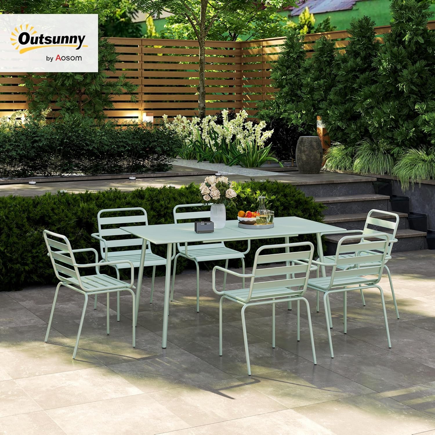 Outsunny - Salon de jardin 7 pièces - Table + 6 chaises acier vert clair - Empilables, extérieur