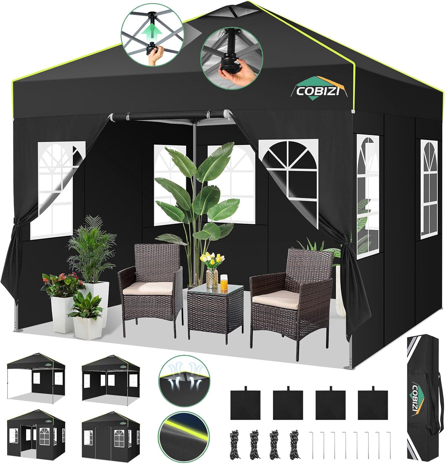 COBIZI - tonnelle pliante 3x3m - imperméable, 4 côtés, anti-UV, noir