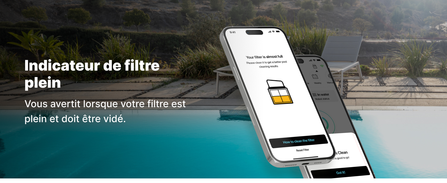 affichant l'interface de l'application d'indicateur de filtre de piscine, avec la piscine en arrière-plan. L'application alerte les utilisateurs lorsque le filtre de la piscine doit être vidé
