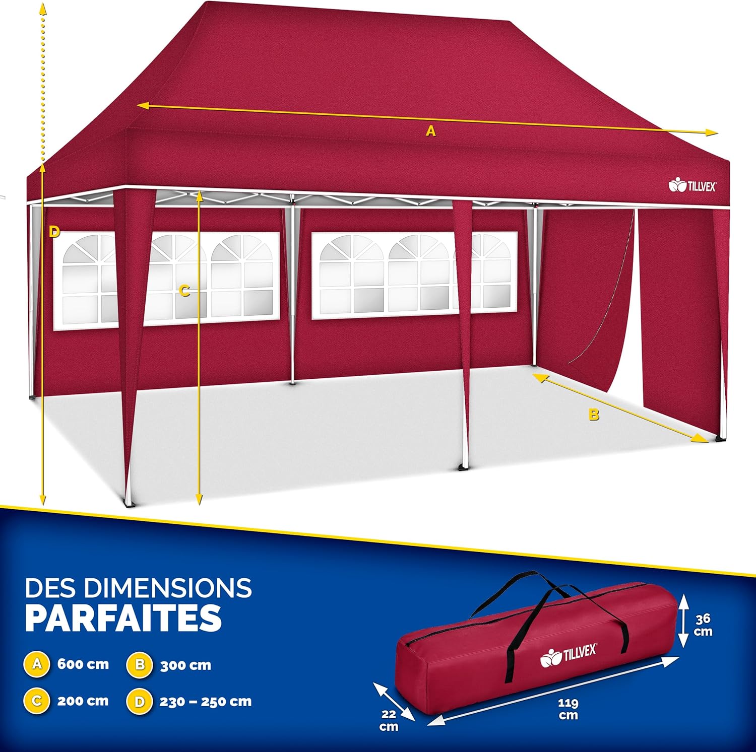 tillvex - Tonnelle pop-up 3x6m - étanche, UV 50+, sac, 3 côtés