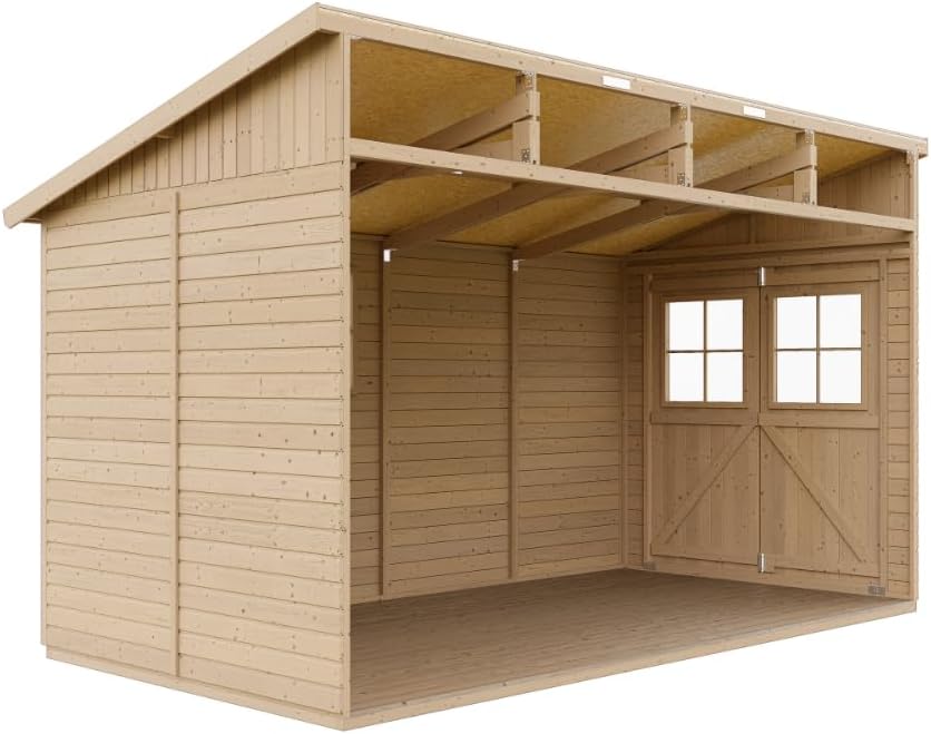 TIMBELA M340+M340G Abri de Jardin en Bois Naturel (sans paroi latérale) Plus Les PLANCHERS IMPRÉGNÉ- Stockage extérieur avec fenêtres- H243x216x416 cm/8 m2 - Atelier Rangement Outils et vélos