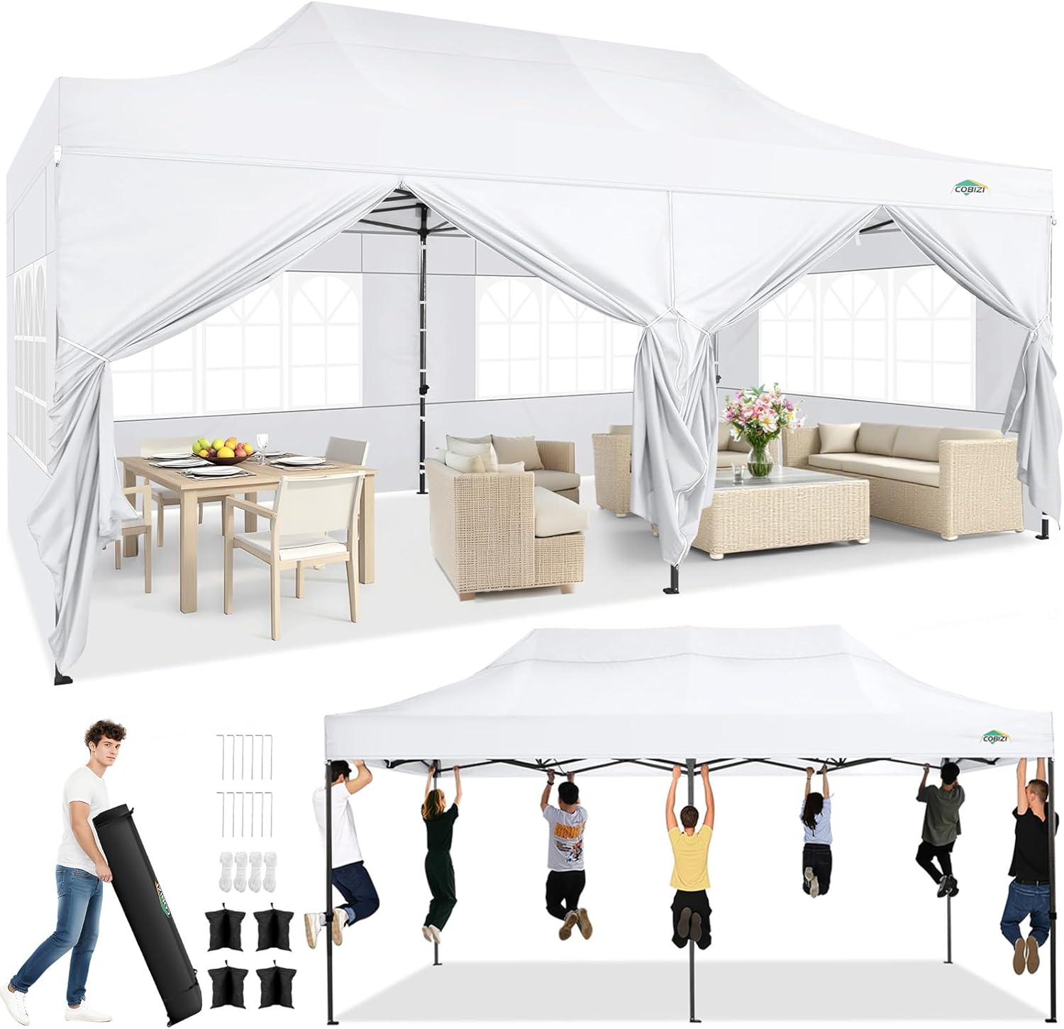 COBIZI - Barnum pliant 3x6m, 6 parois, imperméable, 3 hauteurs