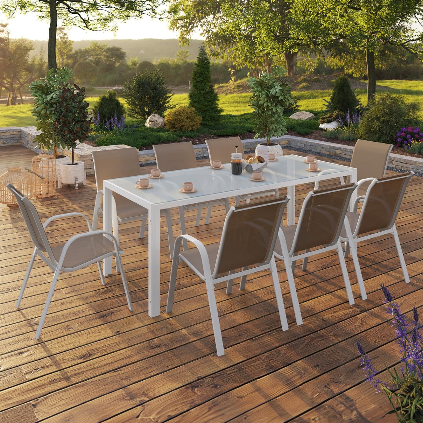 IDMarket - Madrid salon jardin, table 190 cm, 8 chaises empilables, blanc/beige