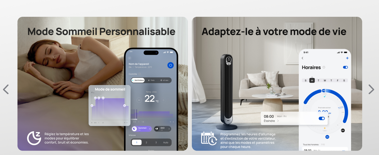 : La gauche montre une personne qui dort avec un smartphone affichant les données de sommeil. La droite montre un ventilateur colonne dans le salon avec une application pour smartphone contrôlant les paramètres du ventilateur.