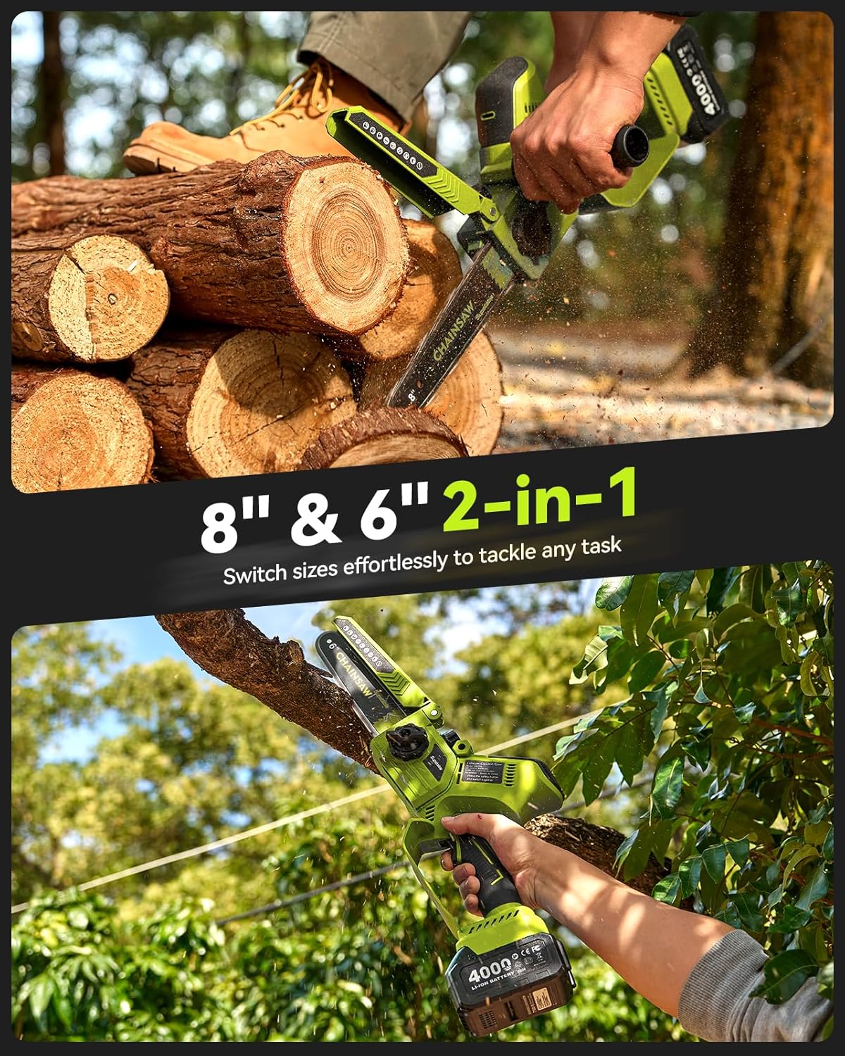 Supstable Mini Tronconneuse à Batterie 8000mAh, 8 et 6 Pouces Mini Tronçonneuse Électrique Sans Fil pour Branches et Jardin, 1300W Elagueuse, Système D'huile Automatique, Tension de Chaîne Sans Outil