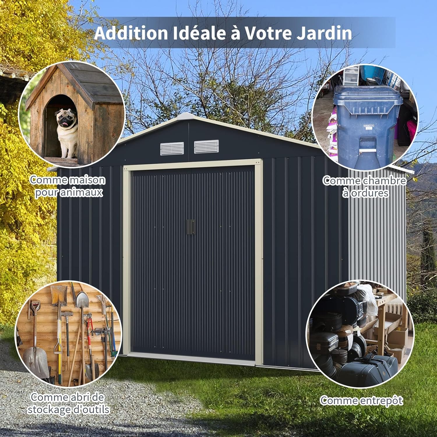 RELAX4LIFE - Abri de jardin métal - 340x255x210cm - porte coulissante, toit pente, extérieur, résistant - KX7177KV+FR