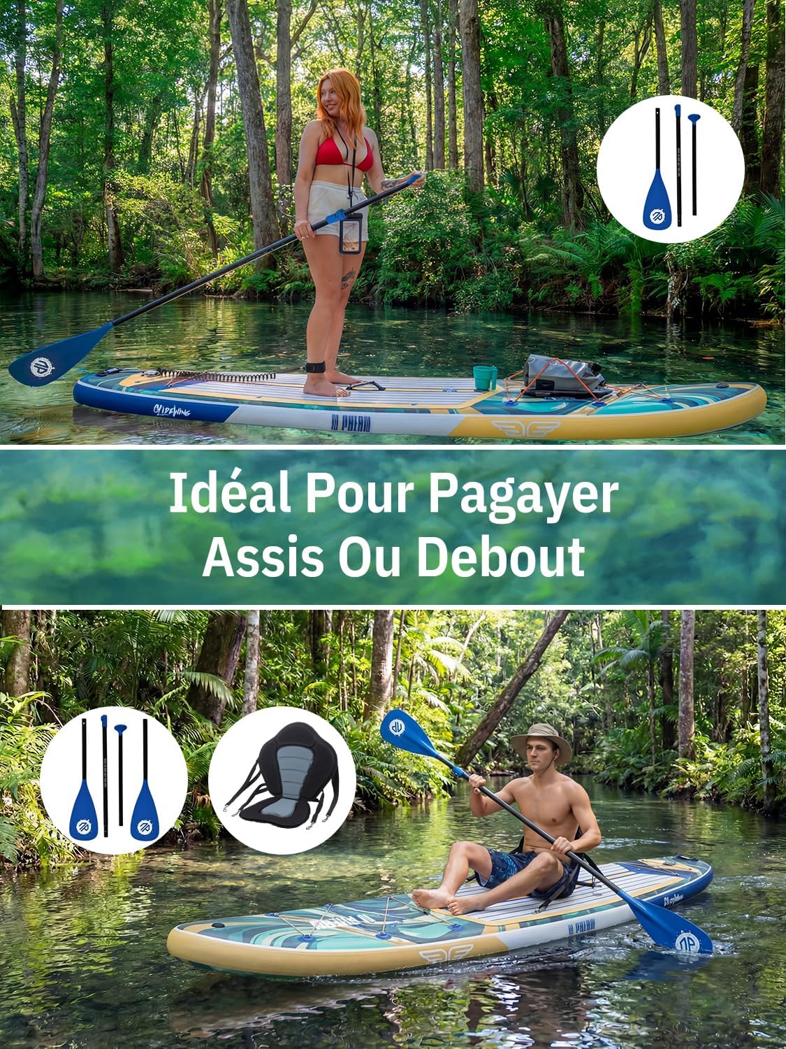 Niphean Extra Large Paddle Gonflable, Sup à 2+1 Personnes/Famille, Planches de Stand Up Paddle Gonflables avec (Idéal Débutant) Aileron Équilibré, Housse Étanche, Paddle Gonflable Adulte, Cadeaux