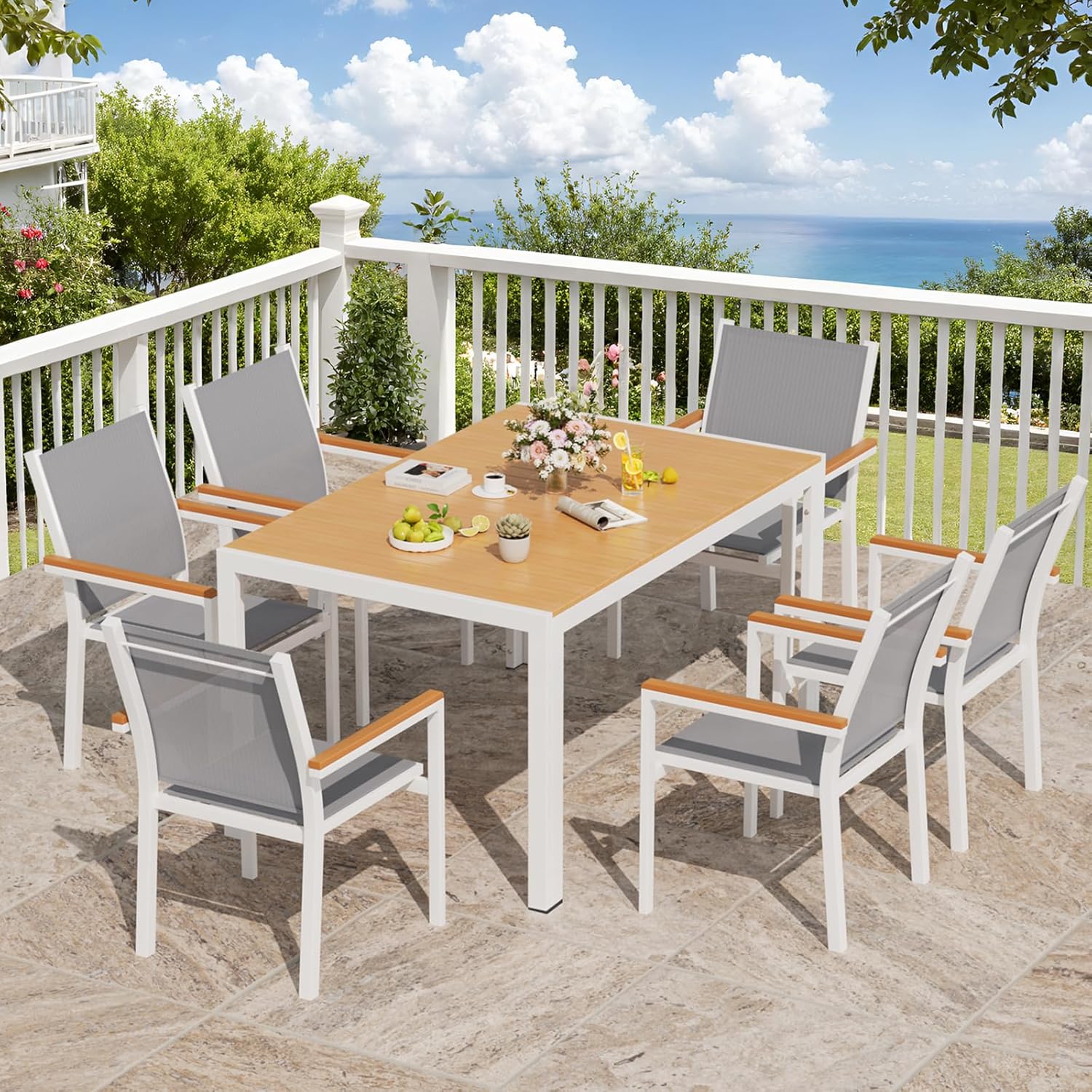 LIFERUN - Grande table de jardin - 140x90x75 cm - aluminium, plateau WPC, pour 6 personnes, résistante intempéries