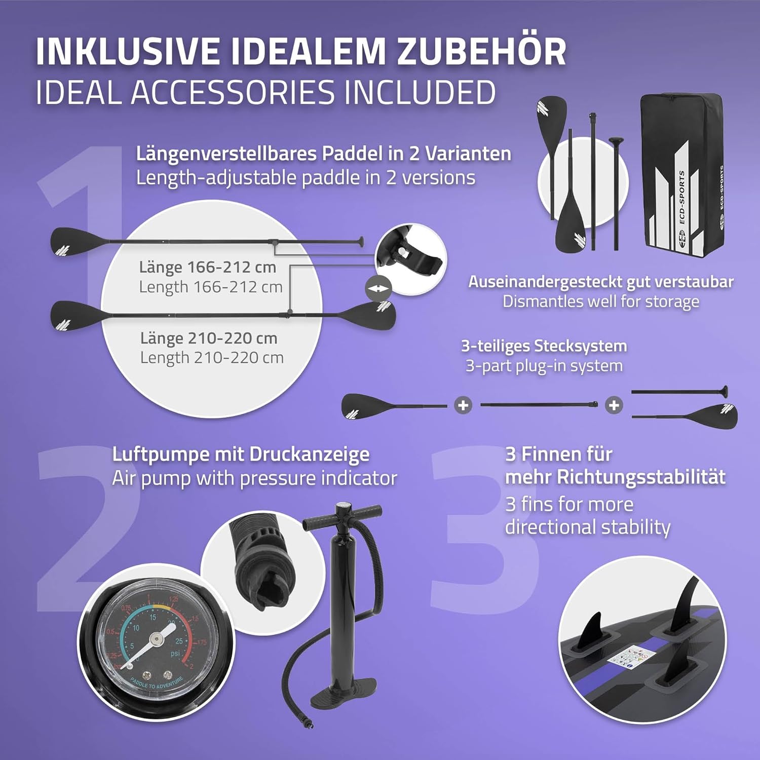 ECD Germany - Stand Up Paddle Gonflable - 305/308/320/380 cm - PVC, 120/150 kg, 10/15 cm