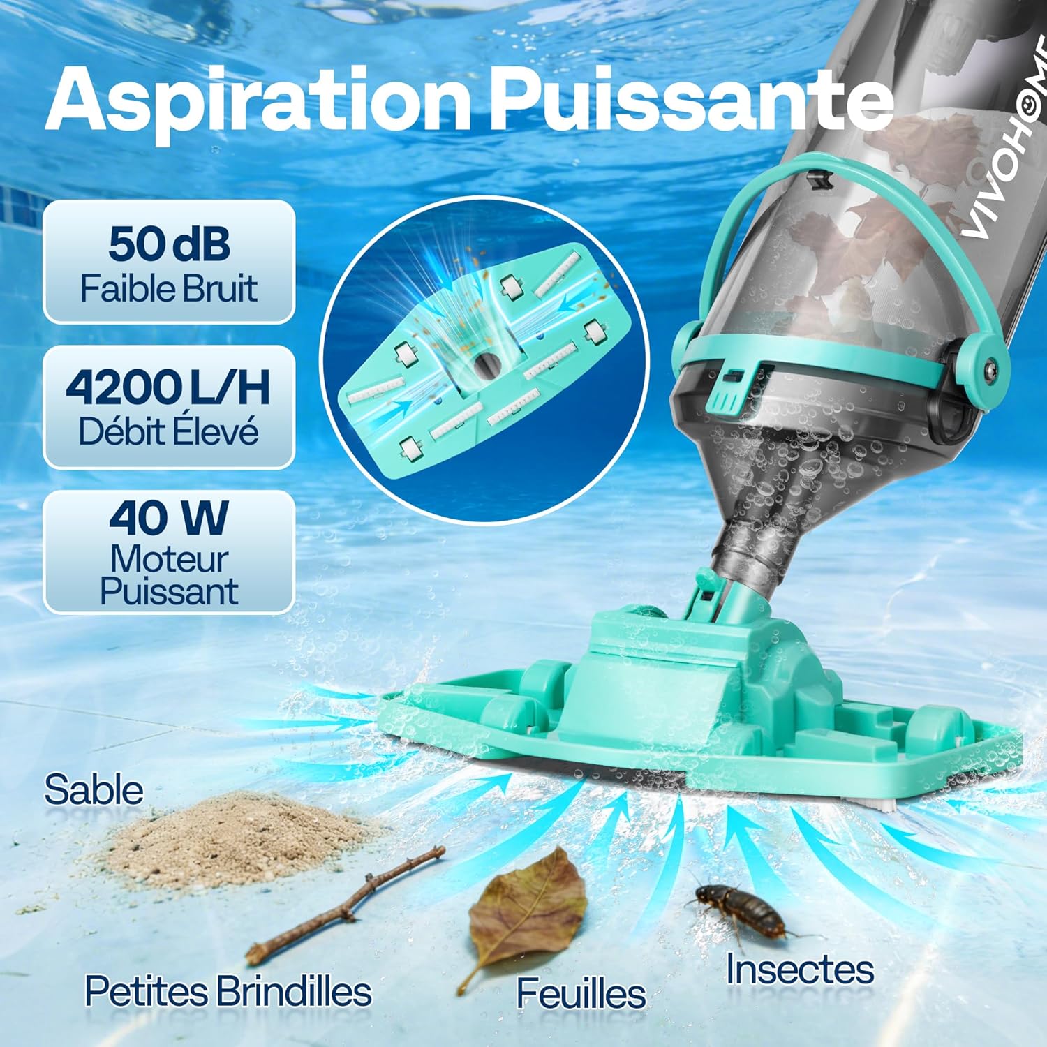 VIVOHOME 213cm Aspirateur de Piscine sans Fil, Puissance d'Aspiration jusqu'à 70LPM, Nettoyeur de Piscine Portable avec 4 Sacs Filtrants, pour Piscine Hors-Solet et Enterrée, Spa Global Recycled Standard