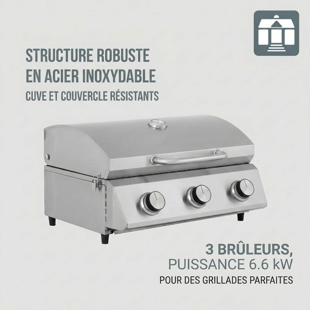 Tarrington House - Barbecue à gaz portable - inox - 3 brûleurs, thermomètre, allumage piézo - CATHAN