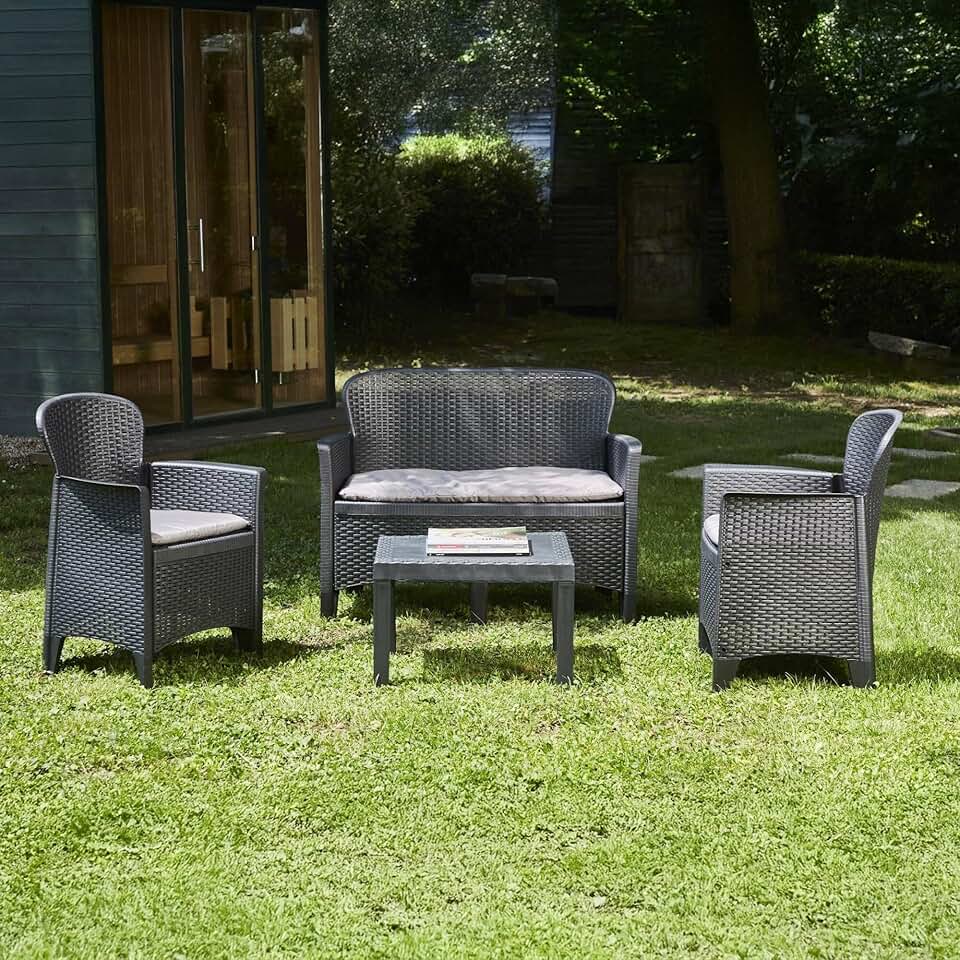 Dmora - Ostuni salon de jardin - 2 fauteuils, canapé, table basse, coussins, effet rotin, anthracite