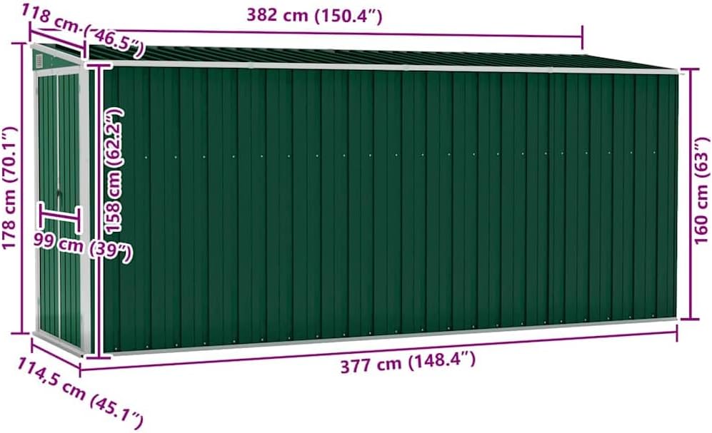 vidaXL Abri de Jardin Mural Abri de Rangement d'Outils Rangement d'Equipement de Jardin Extérieur Vert 118x382x178 cm Acier Galvanisé