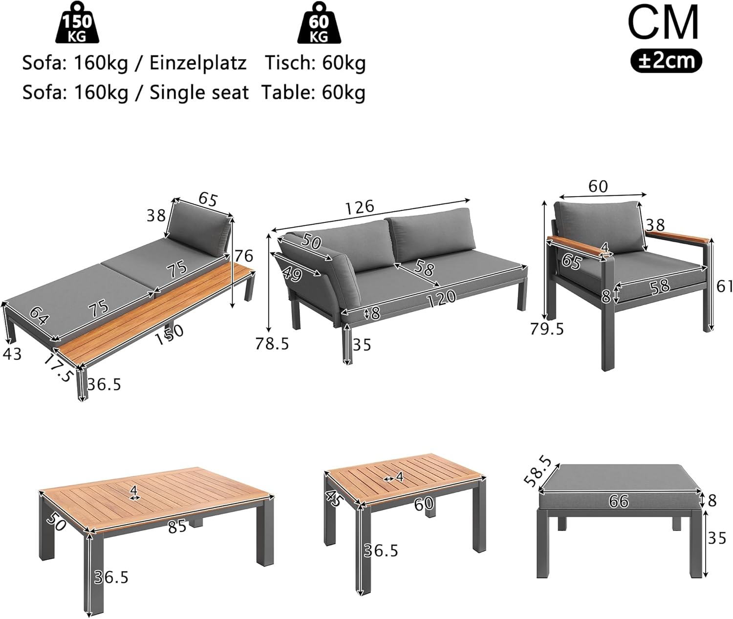 Sapgaks - salon de jardin 6 pers. - métal, coussins, 2 tables, gris