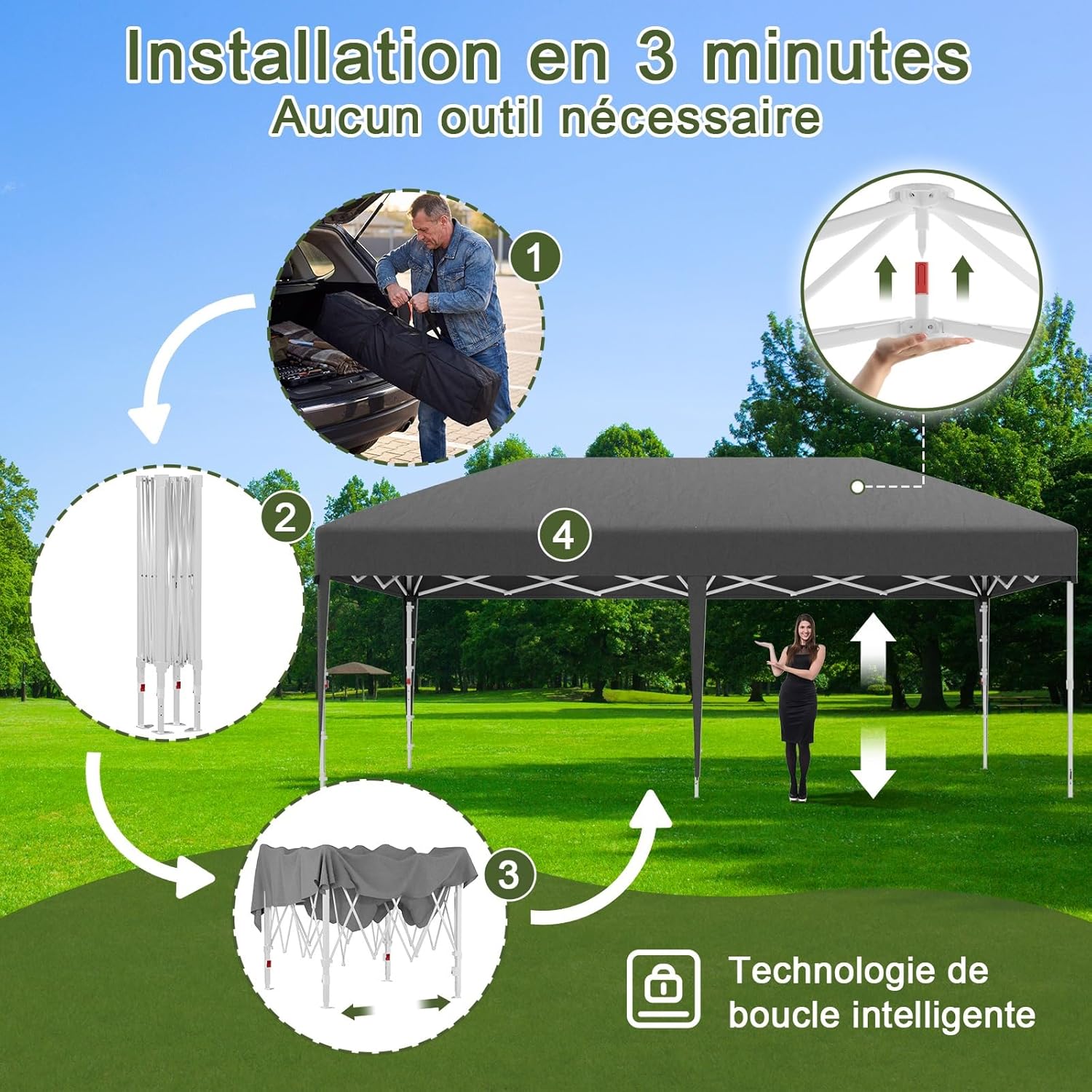 Devoko - tonnelle pliante série gris - 3x6m - imperméable, protection UV 50+, fenêtres moustiquaires