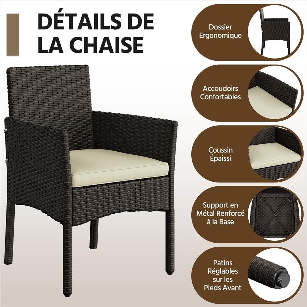 Yaheetech - Salon de jardin 4 places - polyrotin métal - canapé, fauteuils, table, coussins - brun/beige