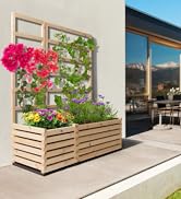 Jardinière en bois avec treillis, remplie de fleurs colorées, dont des bougainvilliers roses. Terrasse avec vue sur la montagne en arrière-plan.