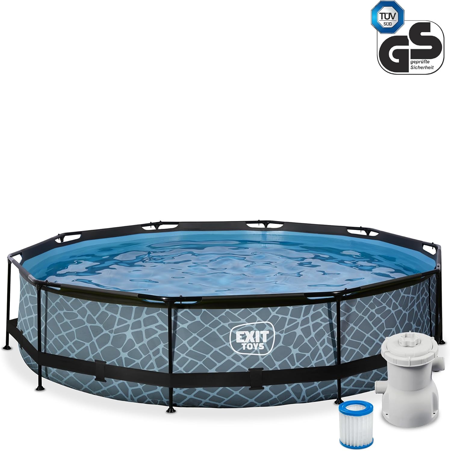 EXIT TOYS Piscine Tubulaire Stone - ø360x76cm - Piscine Hors Sol Ronde Grande avec Pompe Filtrante à Cartouche - Entrée Basse - Idéal pour Les Jeunes Enfants - Cadre Stable - Design Unique - Gris
