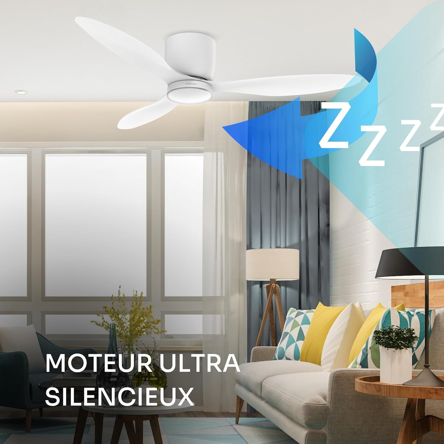 Mellerware - Ventilateur de plafond Brizy Bright Minimal 40W avec télécommande | 6 vitesses | Ultra silencieux | 3 lames 132 de diamètre | Fonction Été-Hiver | Minuterie | DIRIGÉ