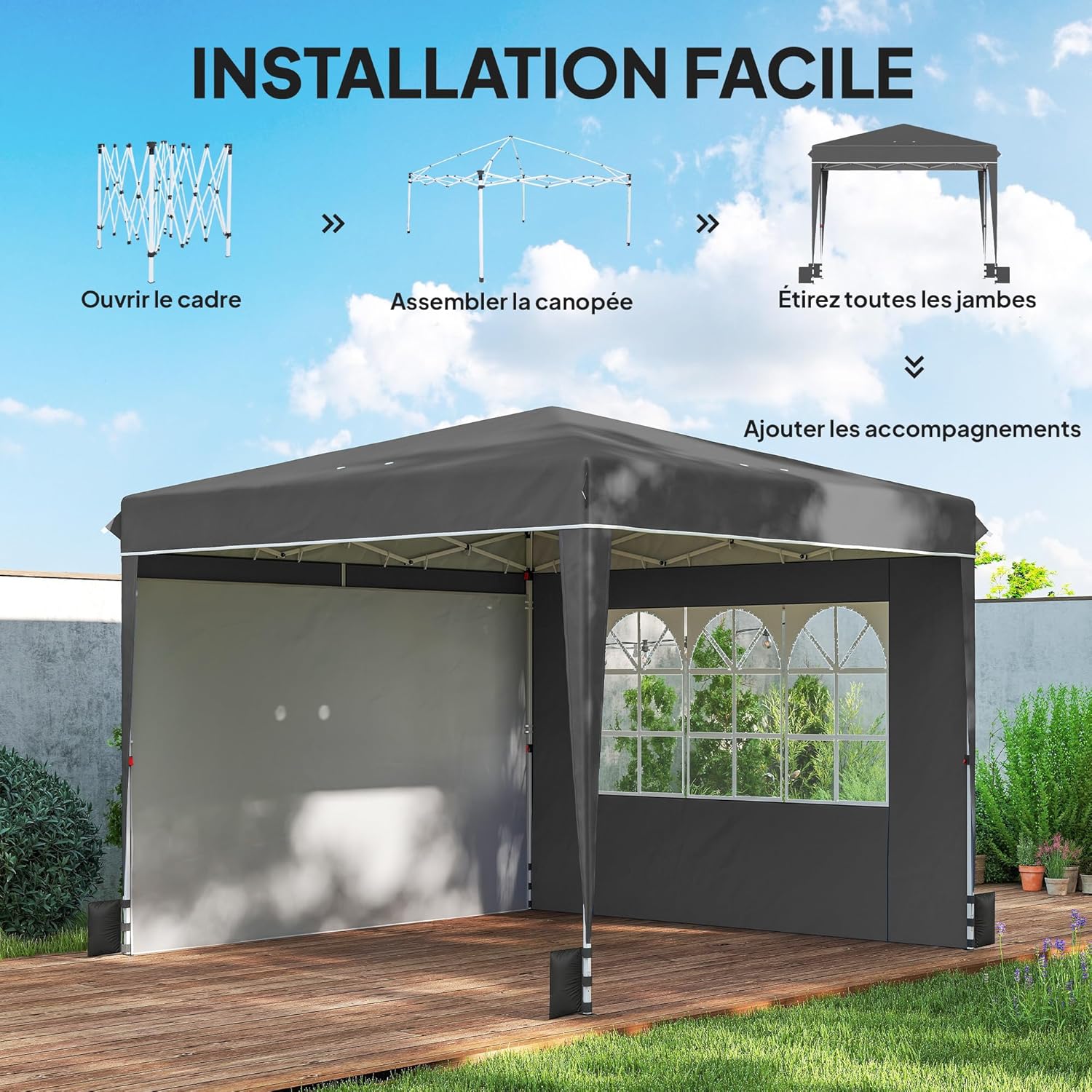 Outsunny - tonnelle pliante série jardin - 3x3m - parois latérales, UV 50+, hauteur réglable, fenêtre et porte