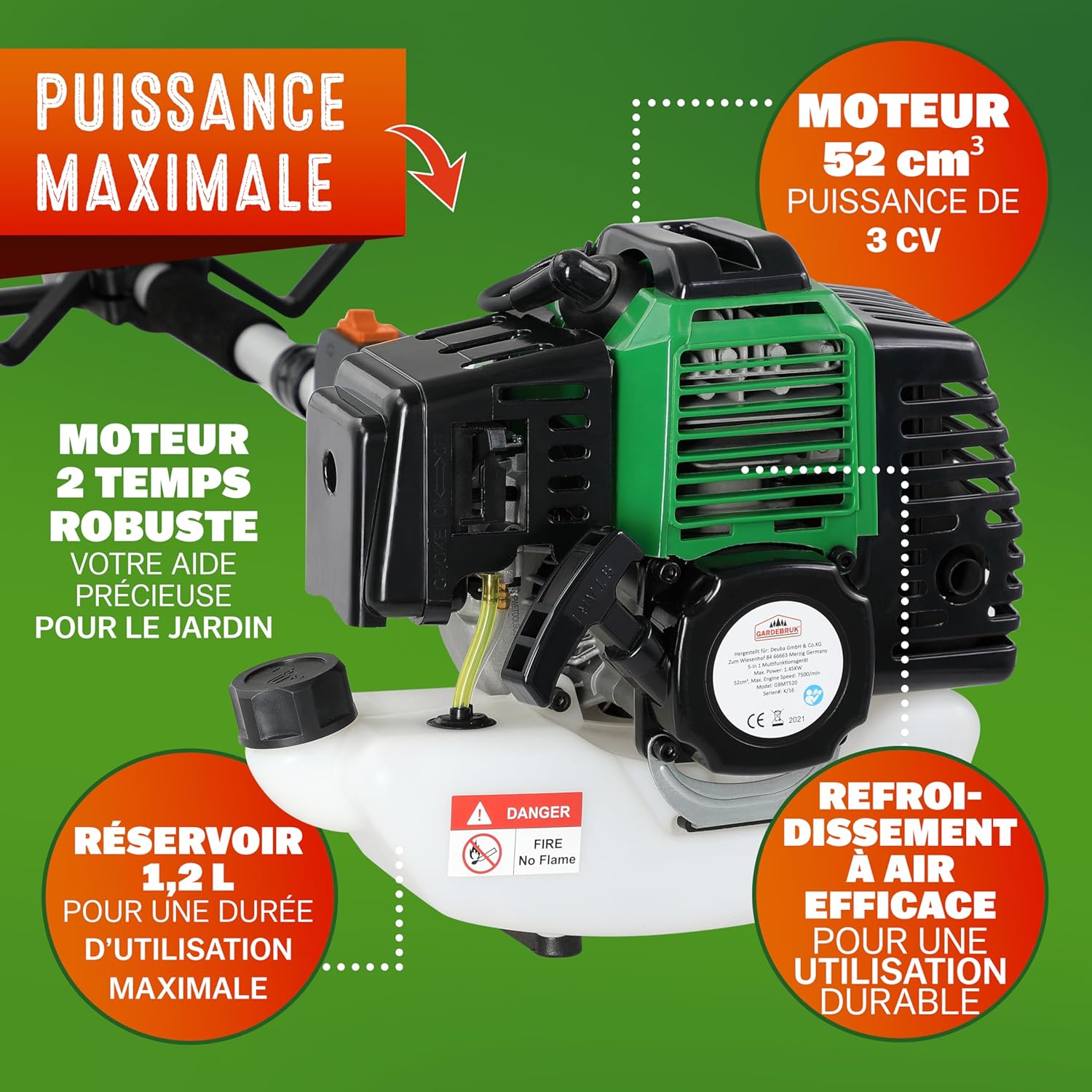 GARDEBRUK - débroussailleuse multifonction 5en1, thermique 2ch, GBMT520