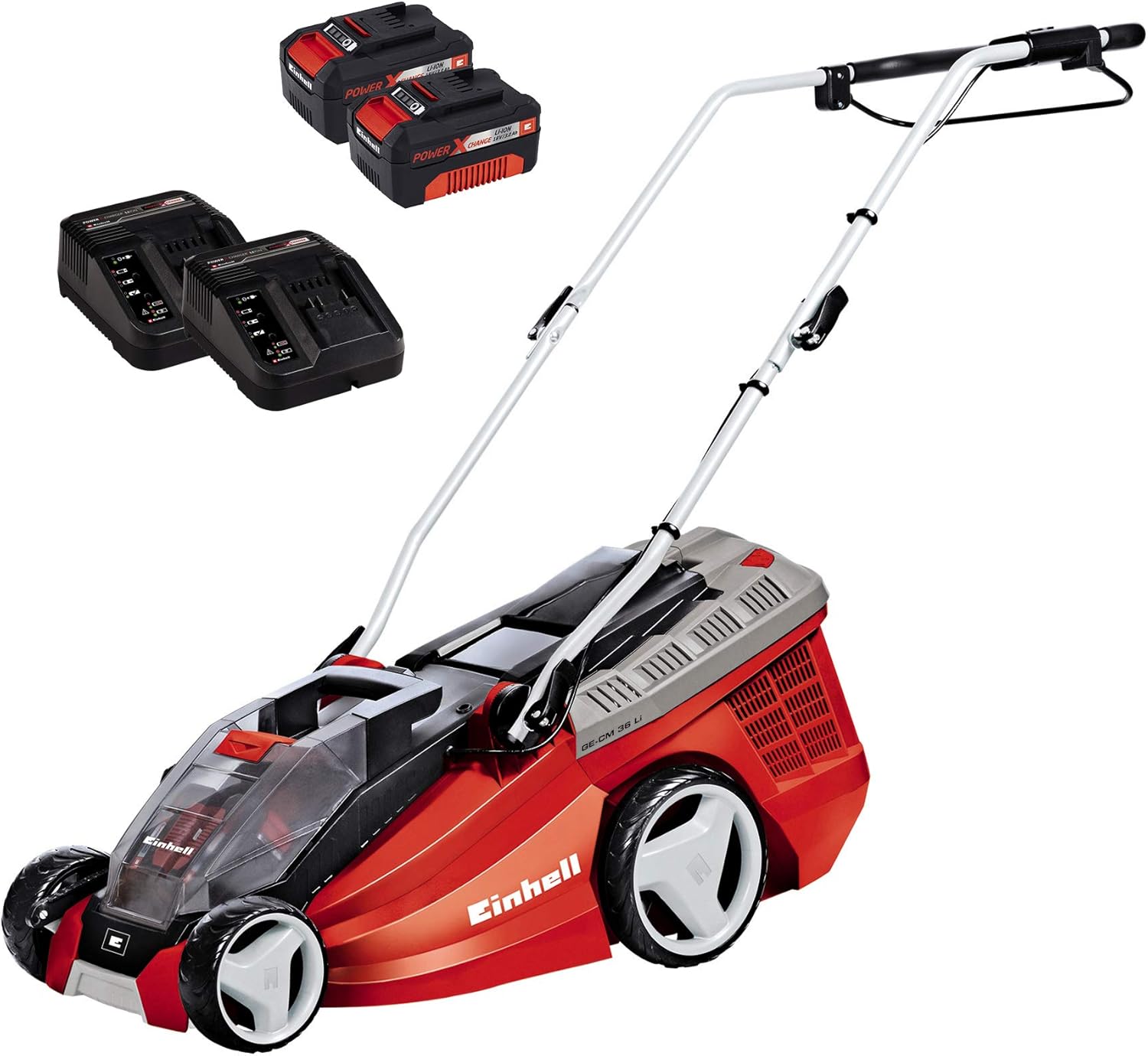 Einhell Tondeuse à Gazon sans Fil GE-CM 36 Li Kit Power X-Change (36 V, 36 cm Largeur de Coupe, jusqu'à 350 m², Brushless, 40L bac de ramassage, avec 2X 3,0 Ah Batterie et 2X Chargeur)