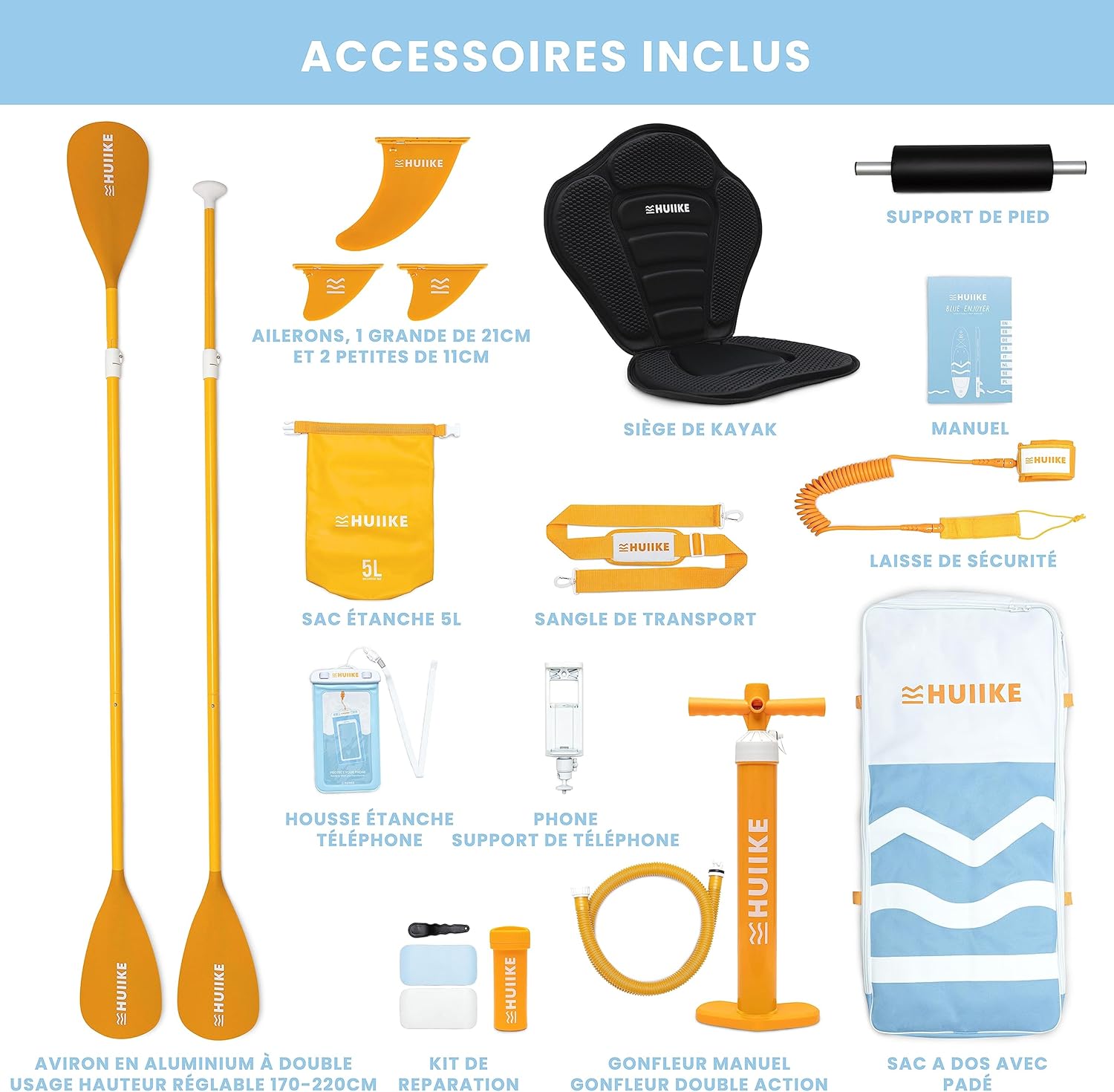 HUIIKE Paddle Gonflable Adulte avec Accessoires Inclus, Pagaie, Ailerons, Pompe. Planche de Stand Up Paddle Grande Stabilité et Résistance. 305 x 84 x 15 cm, Jusqu'à 130 kg