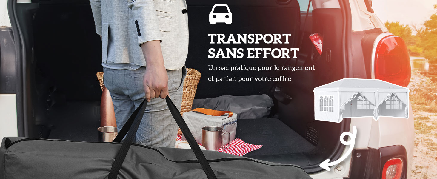 Contenant de rangement portatif avec roulettes et poignée, illustré à côté des articles de pique-n----. Le texte indique « TRANSPORT SANS EFFORT », ce qui indique une fonctionnalité de transport sans effort