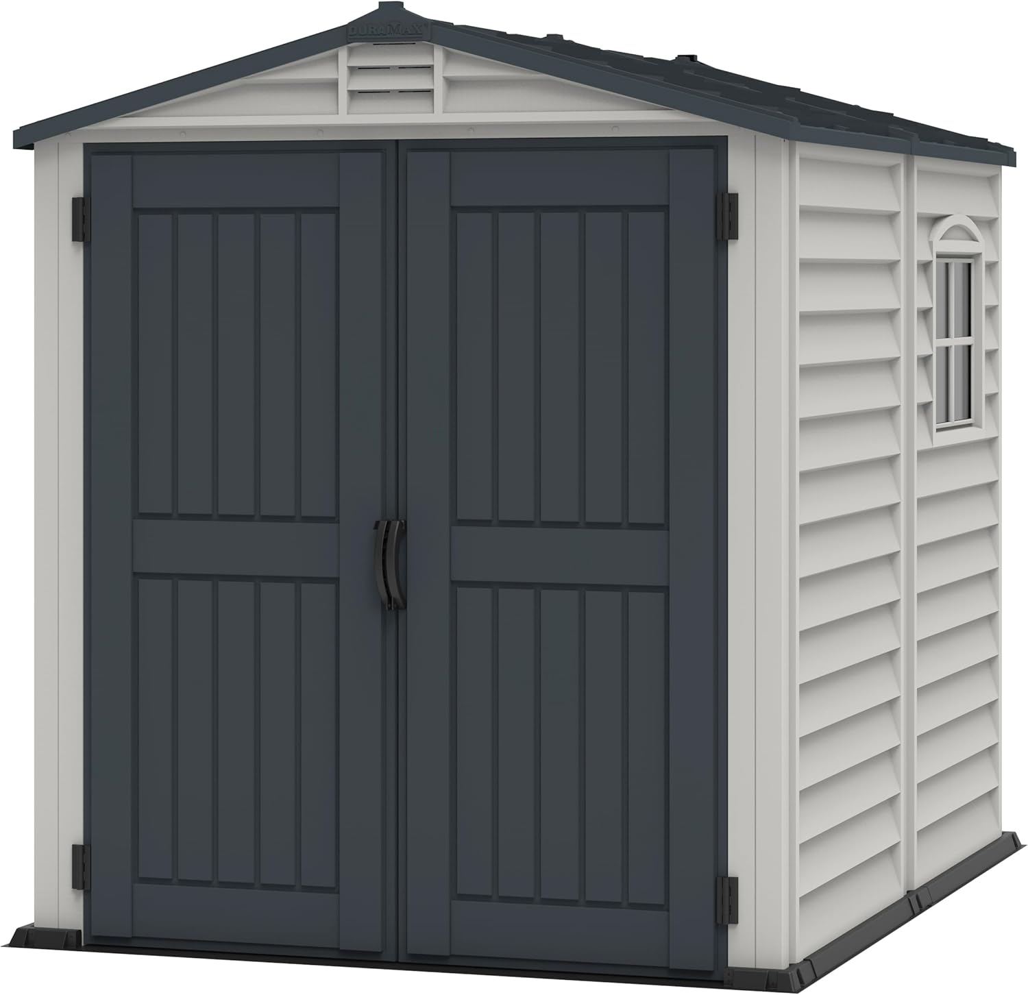 Duramax StoreMate PLUS 6 x 6 (3.65 m²) Abri de jardin en plastique avec plancher en plastique robuste et 1 fenêtre fixe, structure de toit en métal robuste, sans entretien, Gris foncé/ Adobe