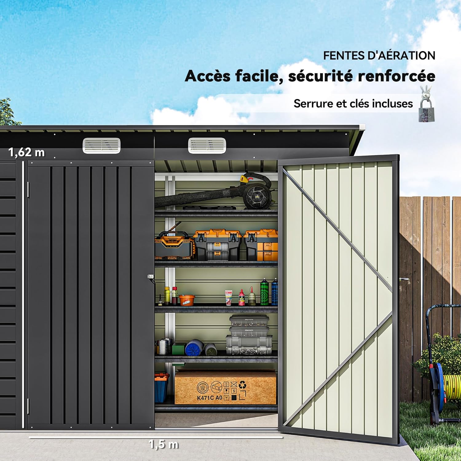 Outsunny - abri de jardin métal 3 m² - acier, portes verrouillables, aération, gants - 249x121x183 cm