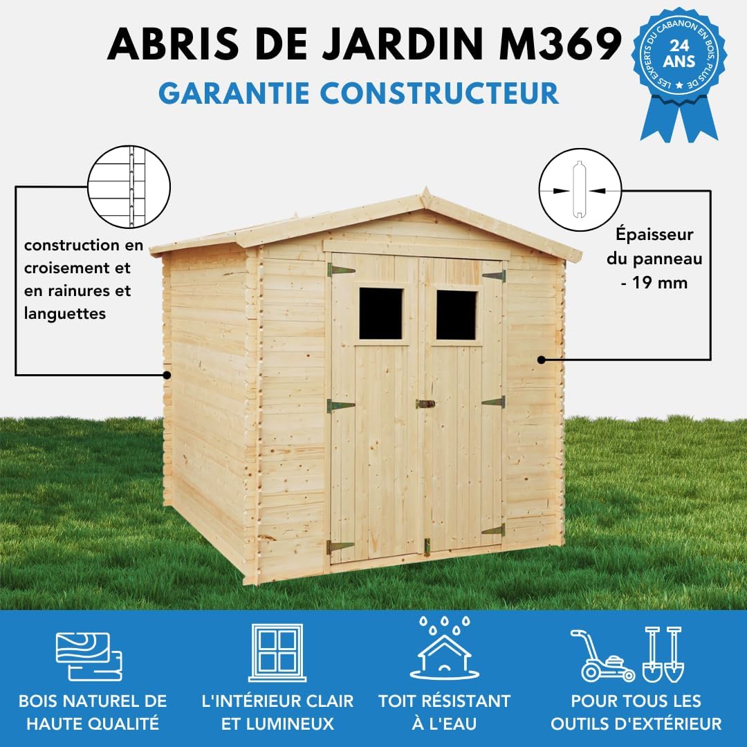 Abri de Jardin en Bois 4,33 m², Cabane de Jardin Extérieur 19 mm épaisseur de Paroi, Cabanon à Outils et Vélo avec Sol Traité et Fenêtres, TIMBELA M369+M369G
