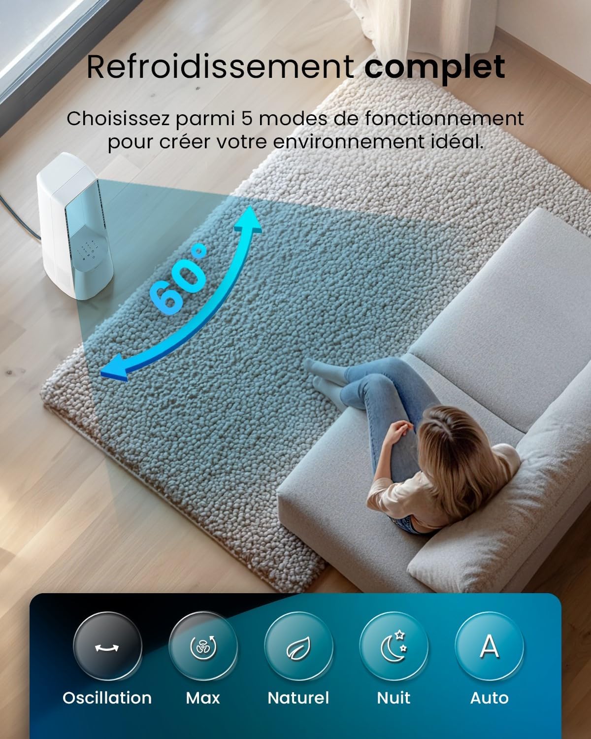 Pro Breeze - Ventilateur colonne, 101 cm - 6 vitesses, oscillation 60°, silencieux
